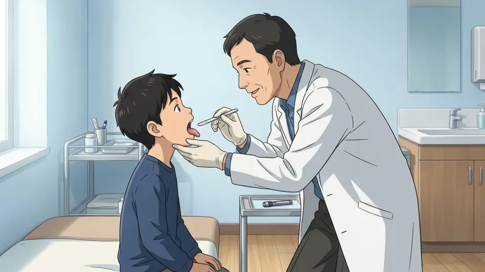 医師に診察されている少年が舌を出している様子