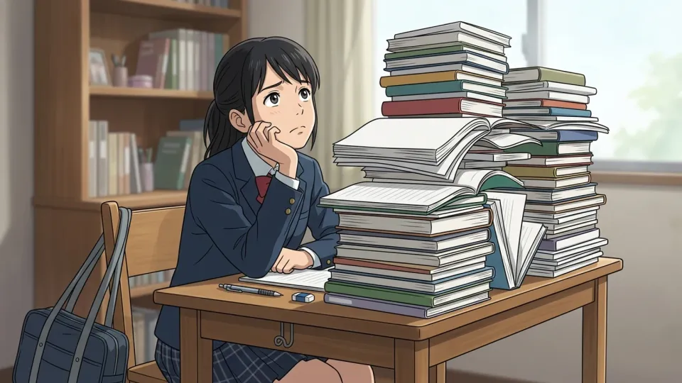机の上の大量の教科書と困惑する女子学生のイラスト