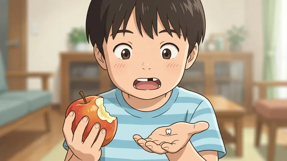 リンゴを食べていて歯が抜けた子供