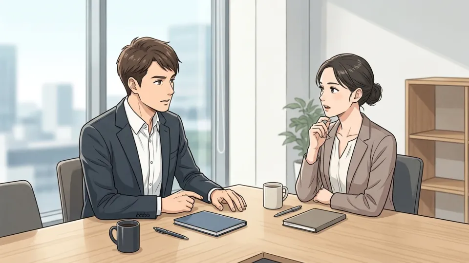会議室で話し合う二人