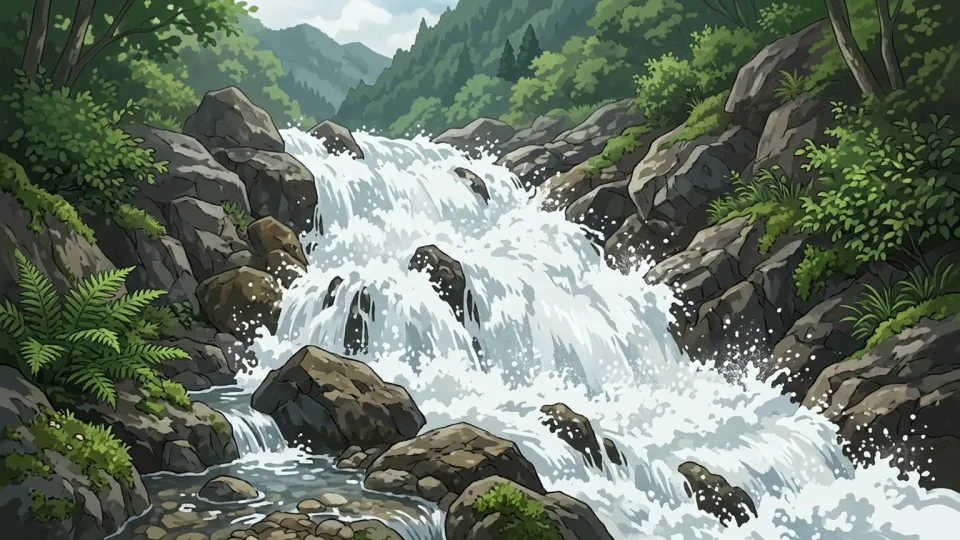 山の中を激しく流れる水流の様子