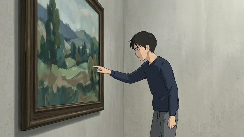 壁の絵に手を伸ばして触れようとする人物