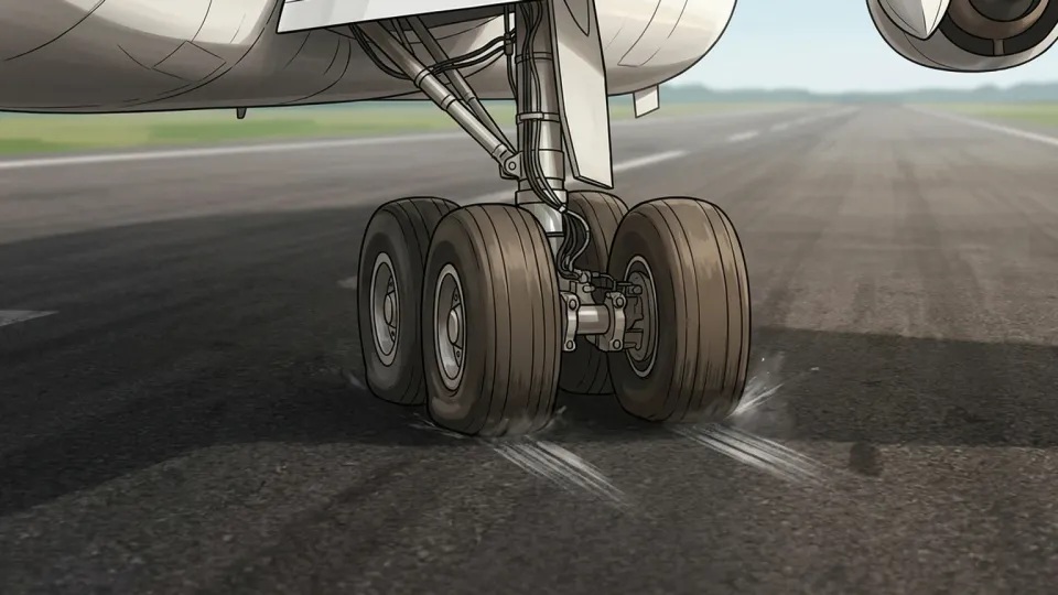 滑走路に接地する飛行機の車輪
