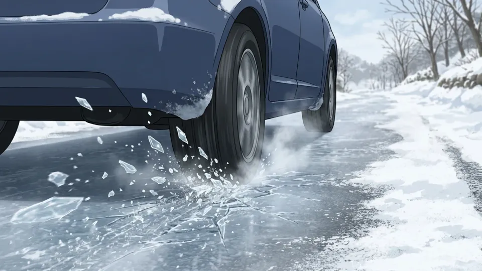 凍った道路でスリップする車のタイヤ