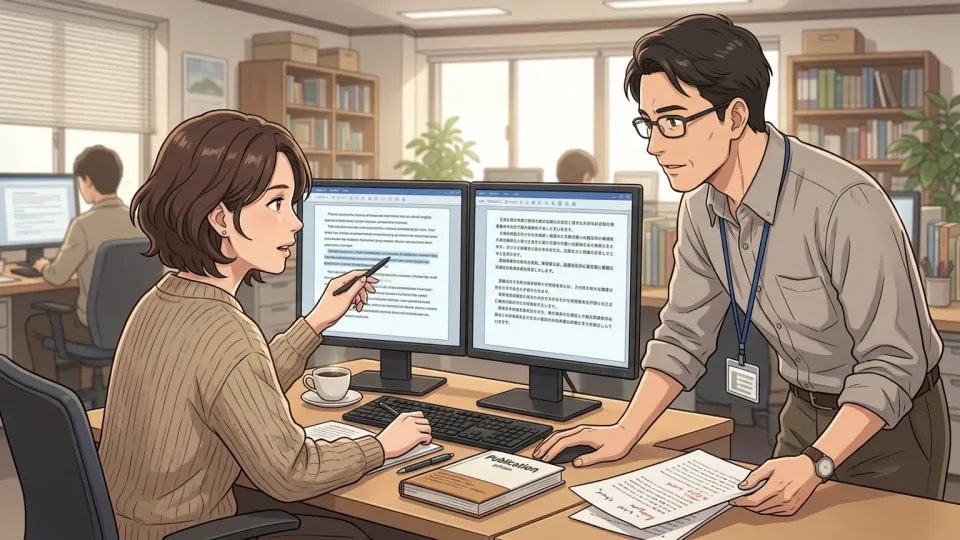 翻訳者が出版社で英語原稿の日本語版を作成している