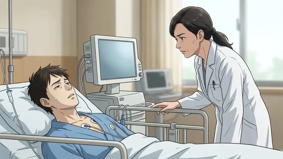 病院のベッドで移植手術を待つ患者と医師