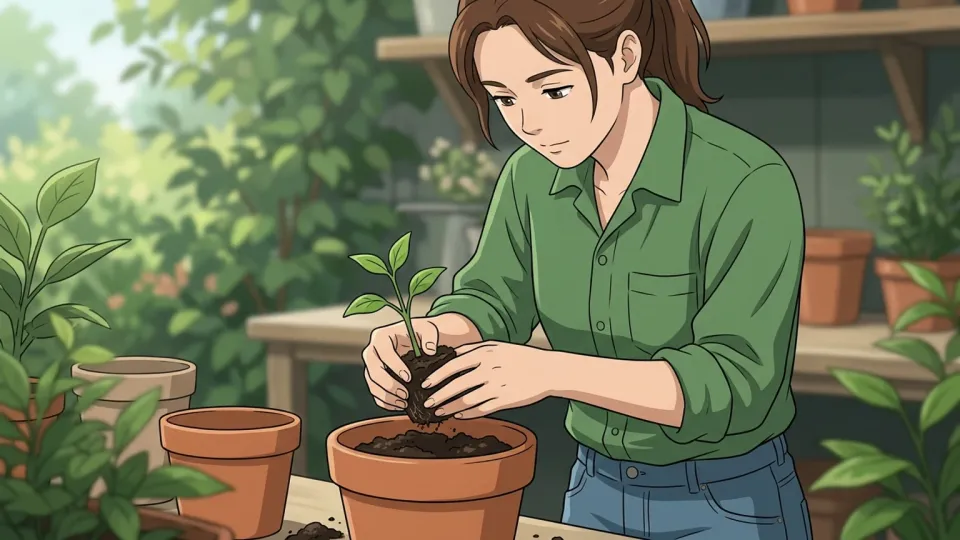 庭師が苗を新しい鉢に植え替えている場面