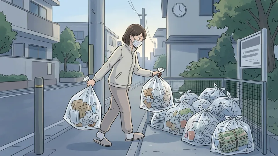 朝のごみ集積所で住民が指定袋に入れたごみを午前8時前に出している様子