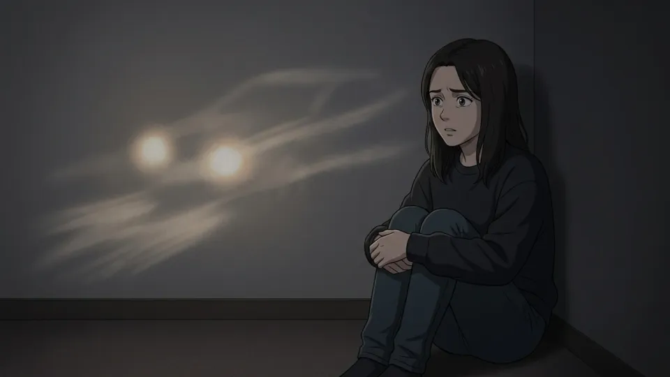 事故の記憶に苦しむ女性の様子。