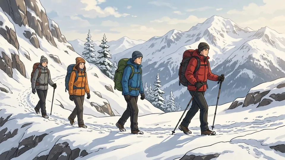 雪の山道を歩いて横切るハイカーたち
