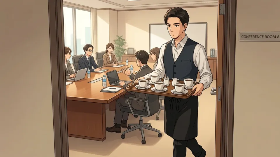 コーヒーのトレーを会議室へ運ぶ給仕係