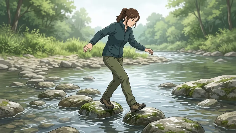 石の上を慎重に歩く女性