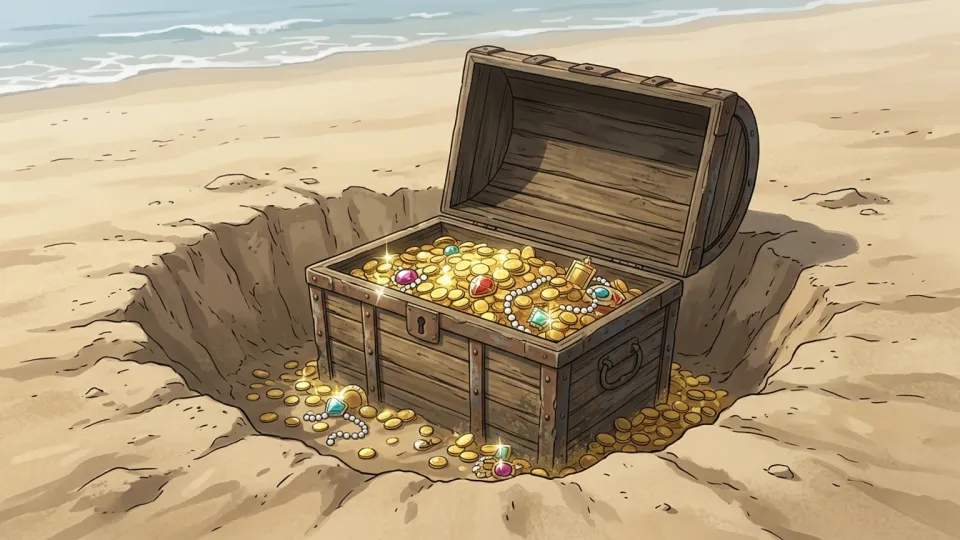 砂浜に隠された金貨と宝石が入った木箱。