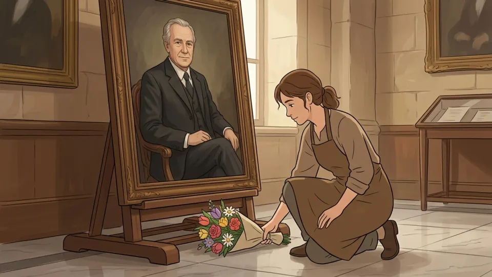 アーティストが肖像画に花束をささげる様子
