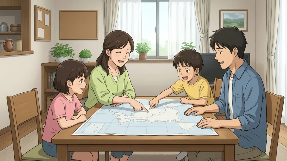 家族で夏の旅行の計画を立てている様子