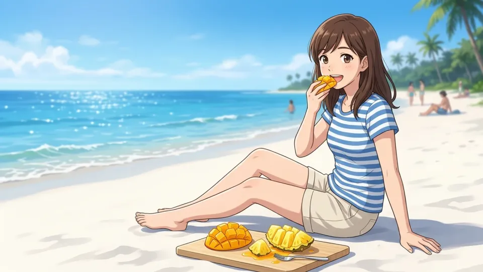 ビーチで熱帯の果物を食べる人
