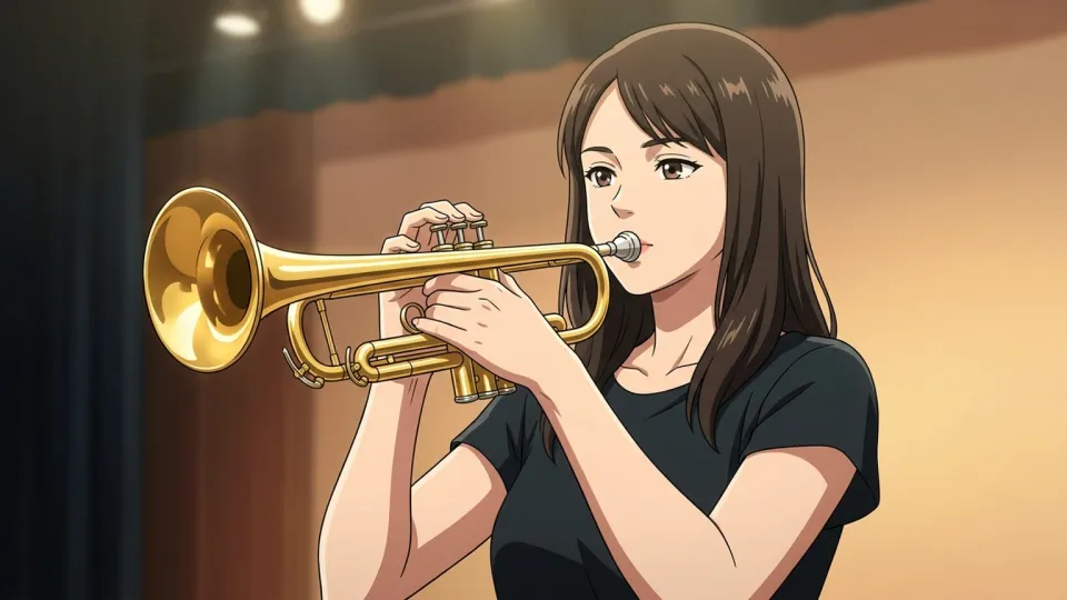 ステージでトランペットを演奏する女性