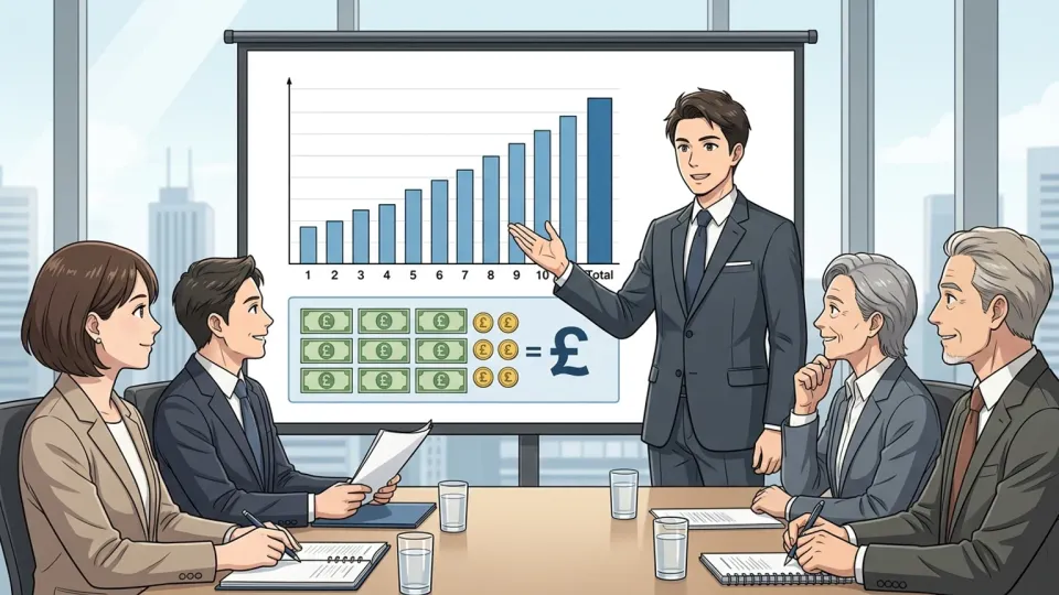 財務担当者が小売企業の年間売上高を報告している