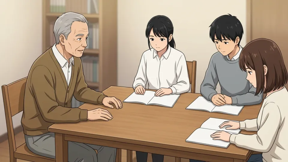 教授が小人数の学生を指導している場面