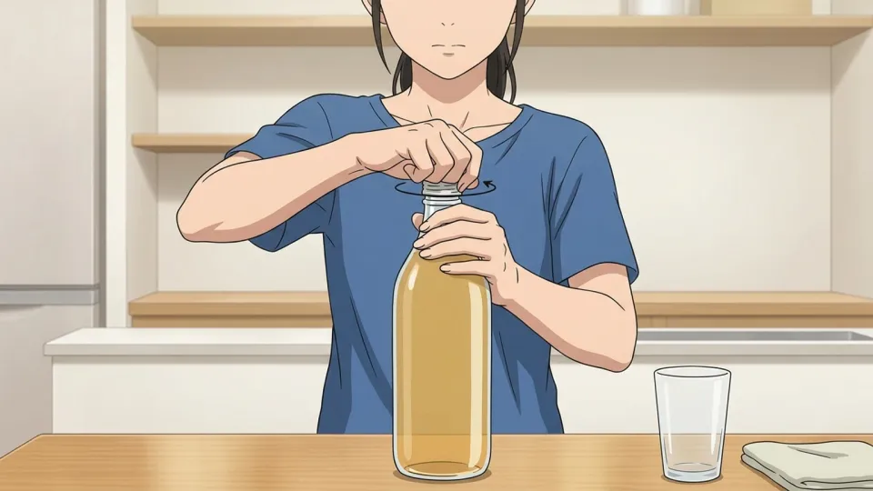 瓶のキャップを回して開けようとする女性。