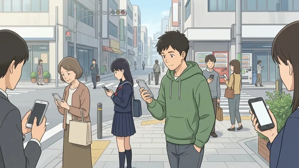 街の至る所で人々がスマートフォンを使っている情景