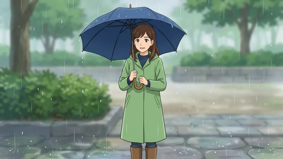 雨の中で傘を差す女性のイラスト