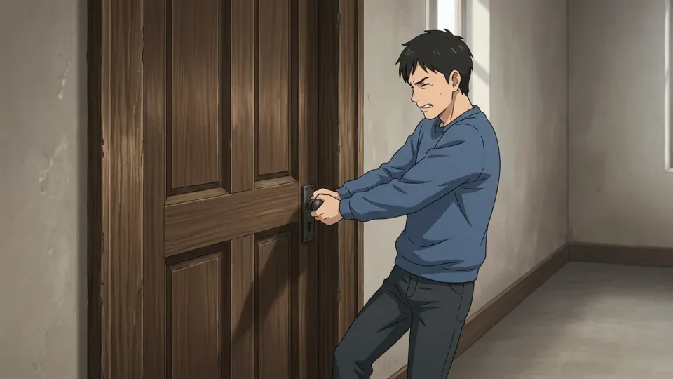 重いドアを開けられずに困っている男性
