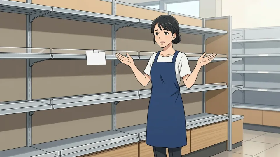 空になった陳列棚の前で困った様子を見せる店員
