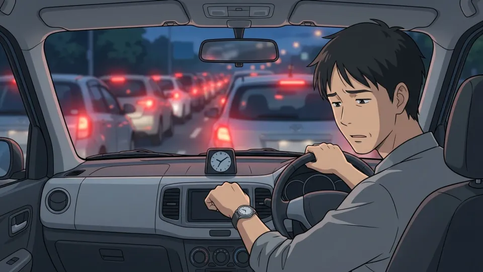 渋滞により遅刻が避けられない状況を示す運転手の姿