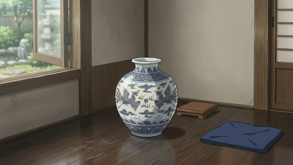 床の上の無傷の古い花瓶