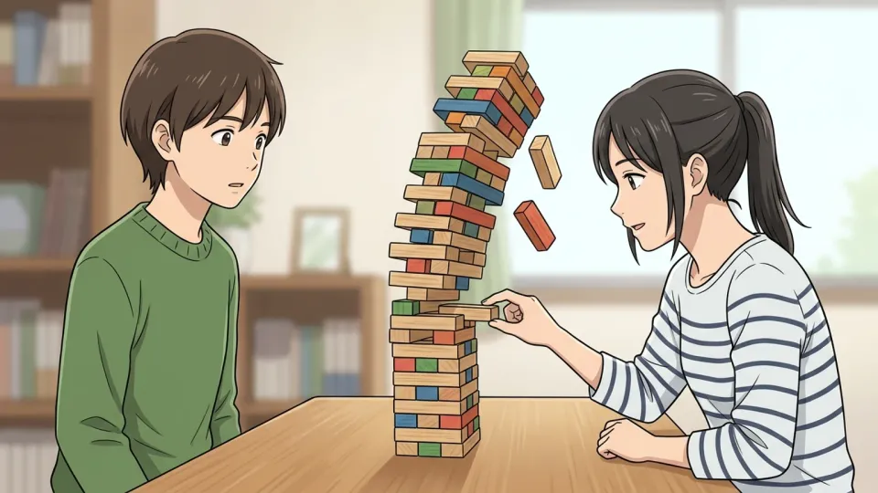 机の上のブロックの塔の下部を抜き取ろうとしている人の手。