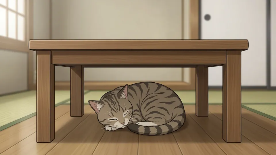 木製テーブルの下で眠る猫