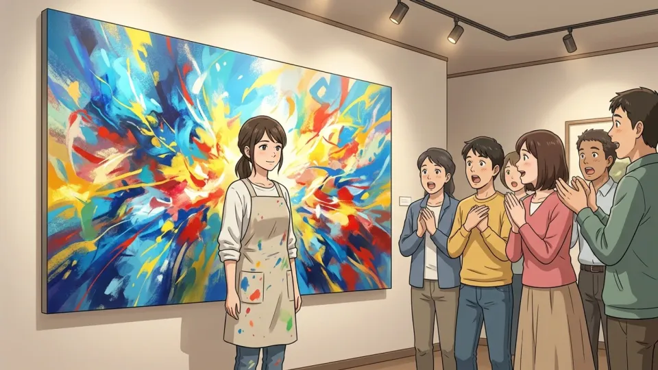 傑作の前に立つ才能ある女性芸術家と、感嘆する観客たち。
