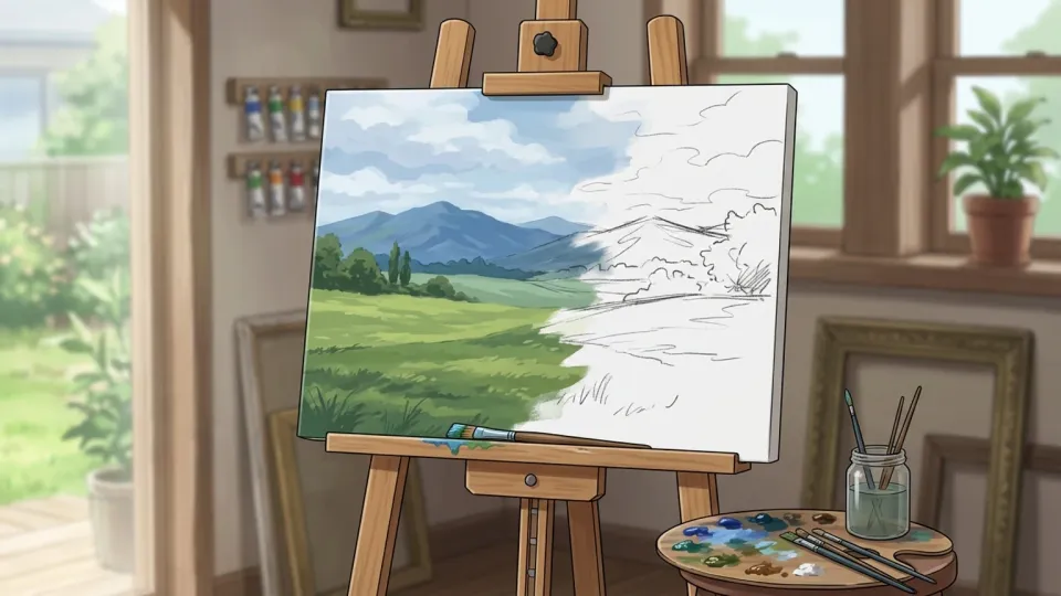 半分だけ描かれたキャンバスと筆が置かれたイーゼル
