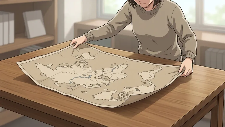 女性がテーブルの上で地図を広げている様子