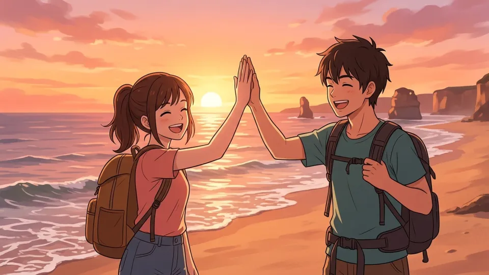 夕暮れの海岸で笑顔でハイタッチをする二人の旅行者