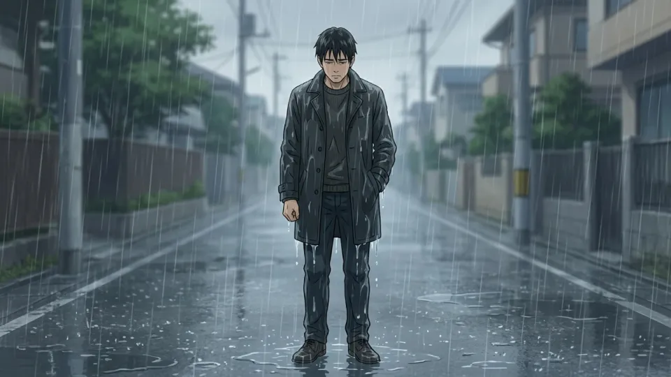雨に濡れて困っている男性の視覚的描写