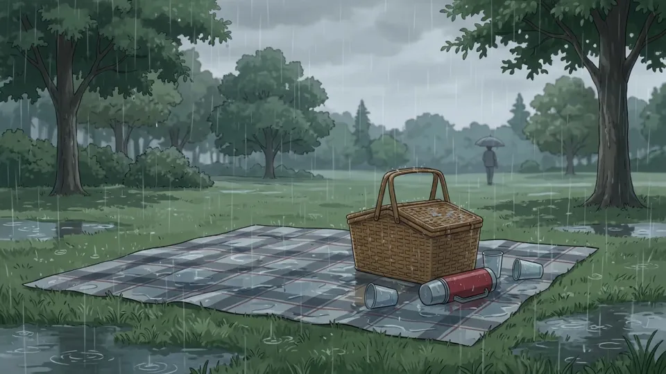 激しい雨と水たまりの中にぽつんと置かれたピクニックバスケット