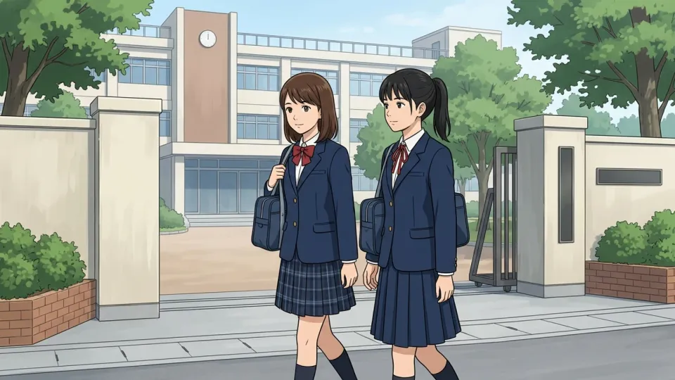 青い制服を着て登校する生徒たち
