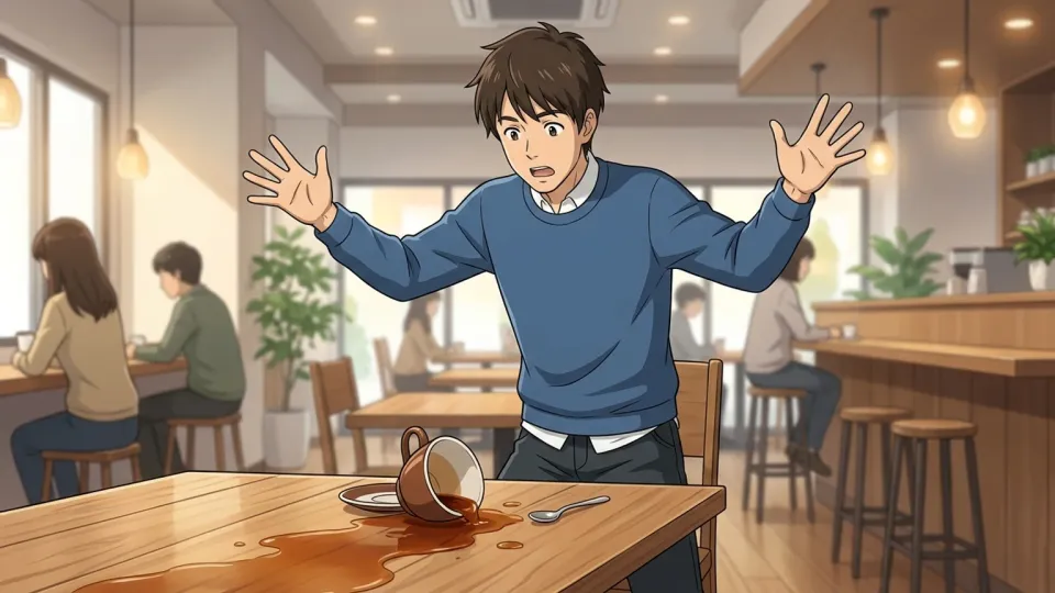 男性が驚いて手を広げ、コーヒーカップが倒れている様子。