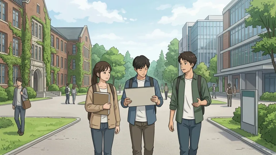 大学のキャンパスで学ぶ学生