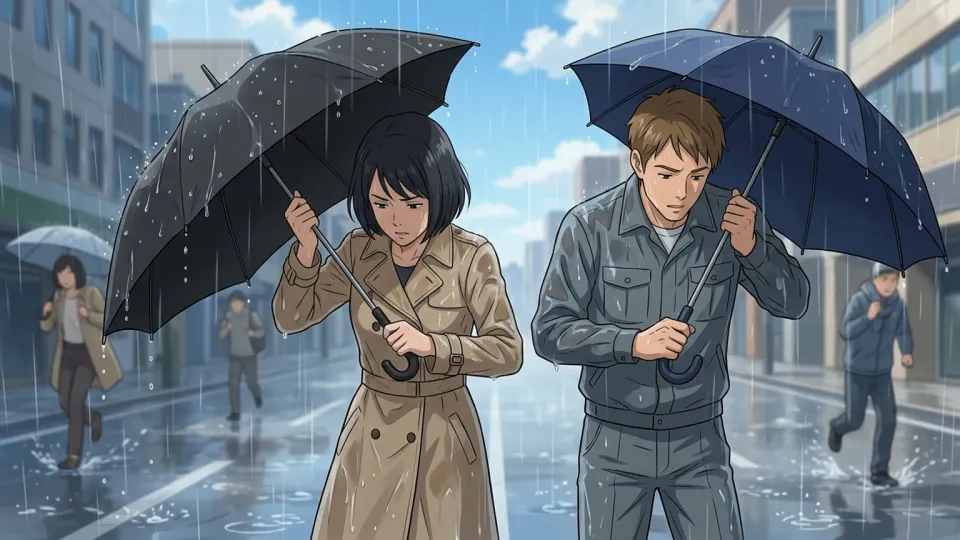 突然の雨に慌てる人々