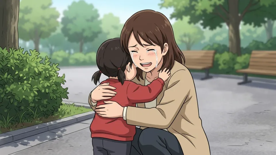 子供が無事に見つかり、感極まって抱き合う親子の光景