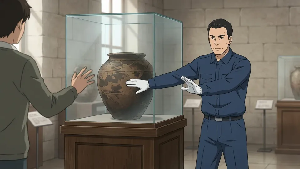 ガラスケースの古代の工芸品とそれを制止する警備員