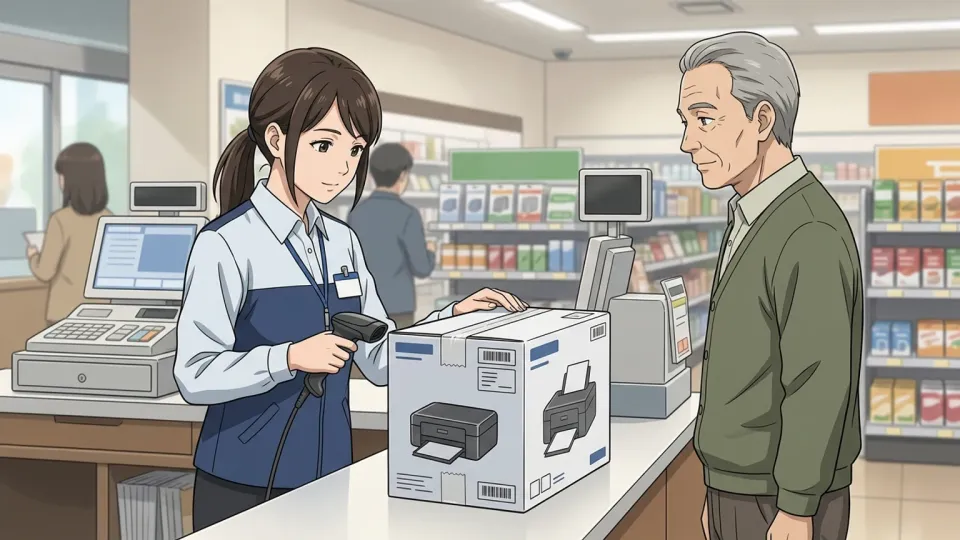 未開封の未使用プリンターを返品カウンターで確認する店員