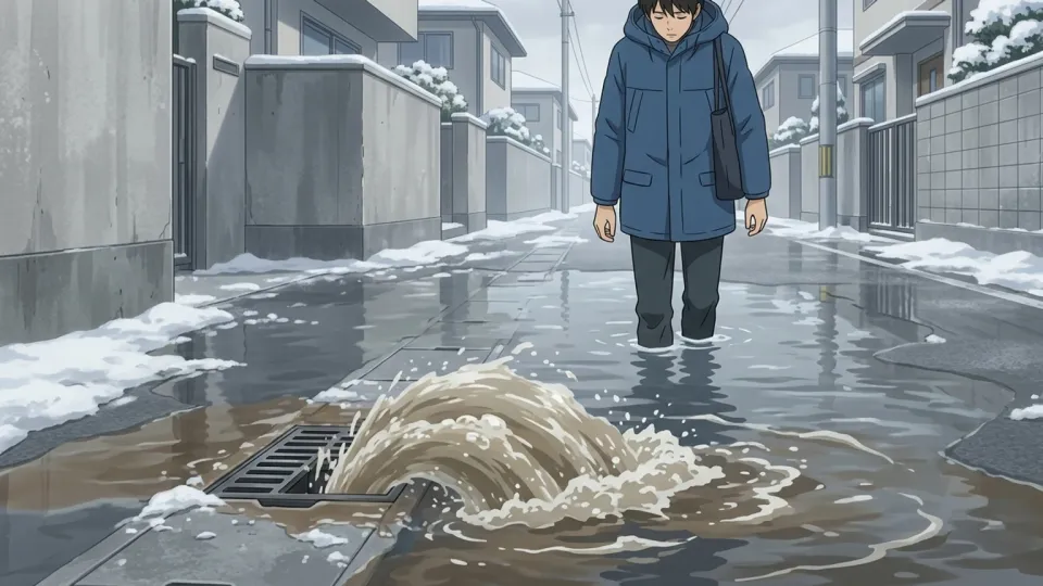 冬の街に降る大雨