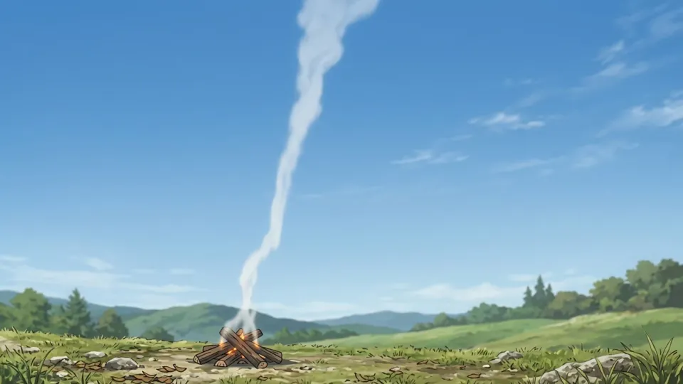 青い空に向かって上方に立ち上る煙