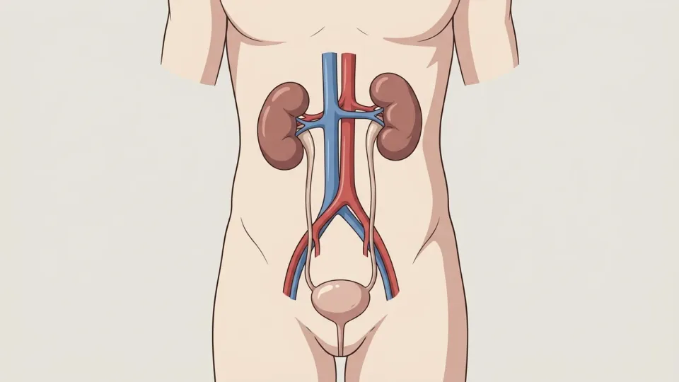 人体の腎臓と膀胱を中心とした泌尿器系の模式図。