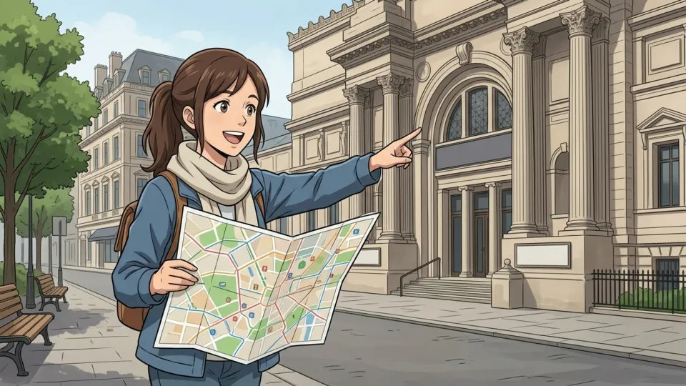 地図を手にして目的地を見つけている旅行者のイラスト