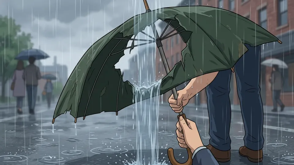 布地に大きな穴が開き、雨を防げない古い傘を持っている人物。